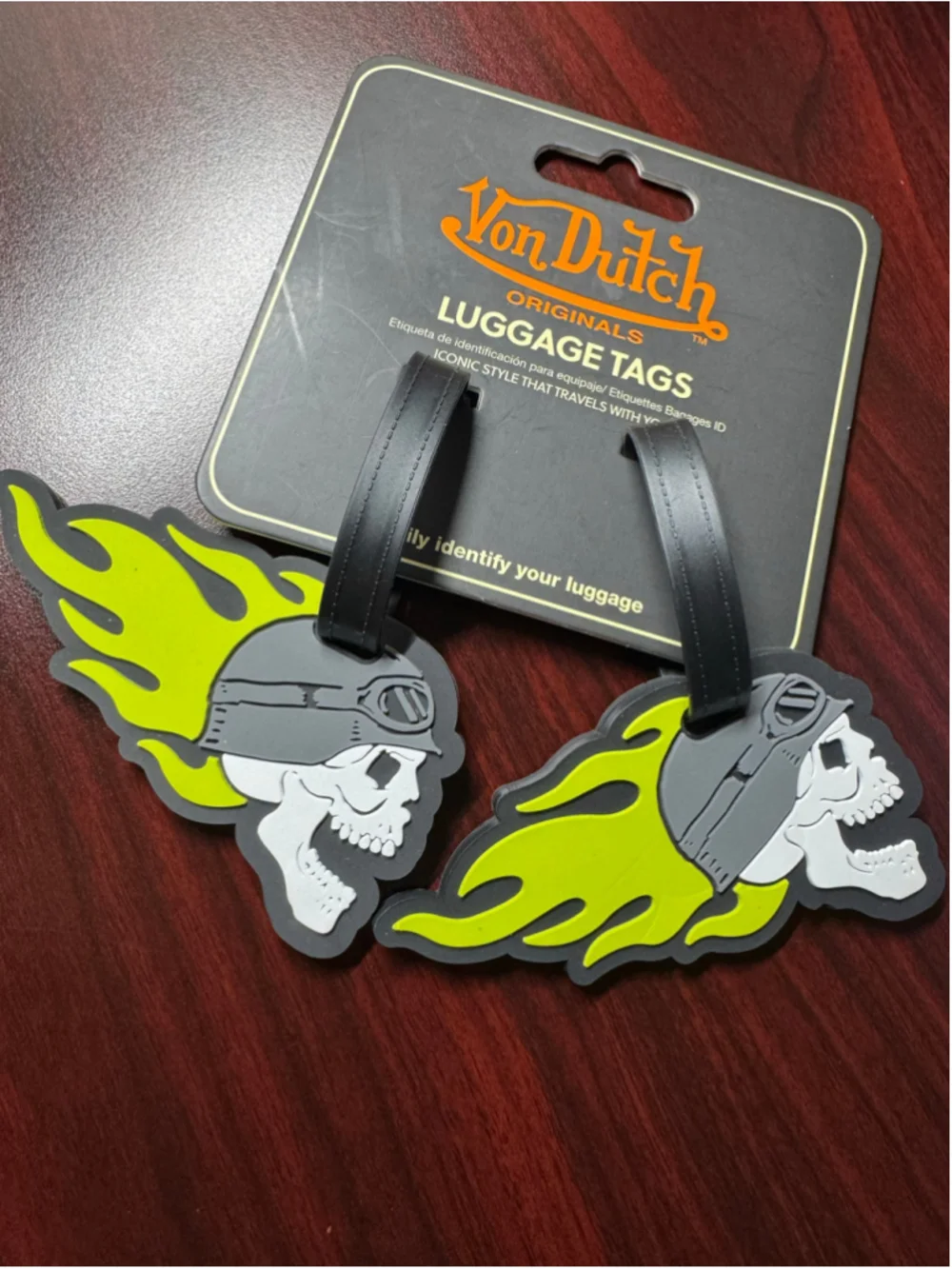 Von Dutch Skull Flame Luggage Tags Set of 2 Neon Green Black